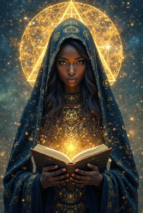 "Create a psychedelic image of a beautiful and enigmatic black-skinned witch with bright eyes, dressed in a black cloak detailed with ancient symbols, holding a luminous spellbook. Around you, a gold and blue energy field vibrates with power, representing ...