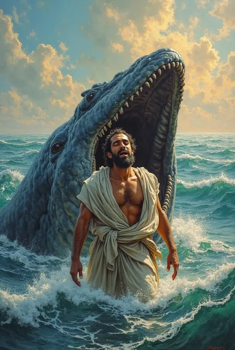  An oil painting of Jonah the prophet coming out of the whale with the sea behind it 