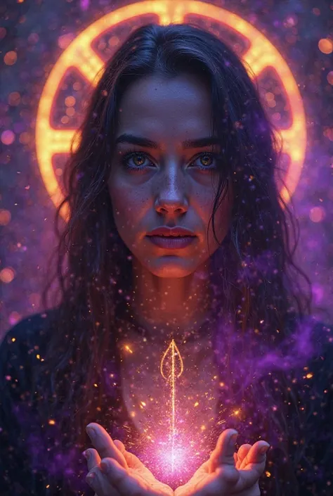 Create a powerful psychedelic image of a man or woman looking directly into the camera with an intense and enigmatic look, transmitting mystery and hidden knowledge. In the background, subtle mystical symbols and an energetic aura surrounding the person. d...