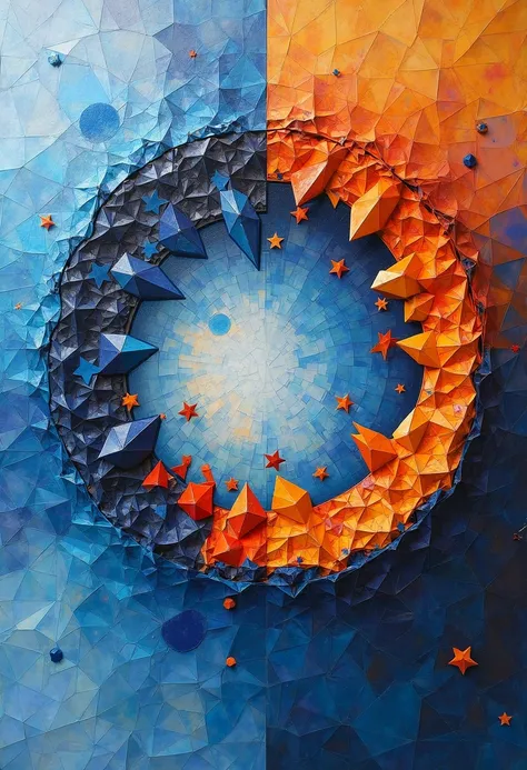 Ultra-detailed complementary geometric abstraction in mixed media on canvas. Composition fragmented into hundreds of precise polygonal shapes dominated by cobalt blues, light blues and oranges in direct contrast. Hyper-realistic oil texture captured with g...