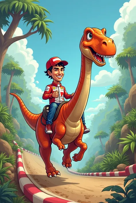 Fernando Alonso riding a diplodocus making a race,  cartoon style