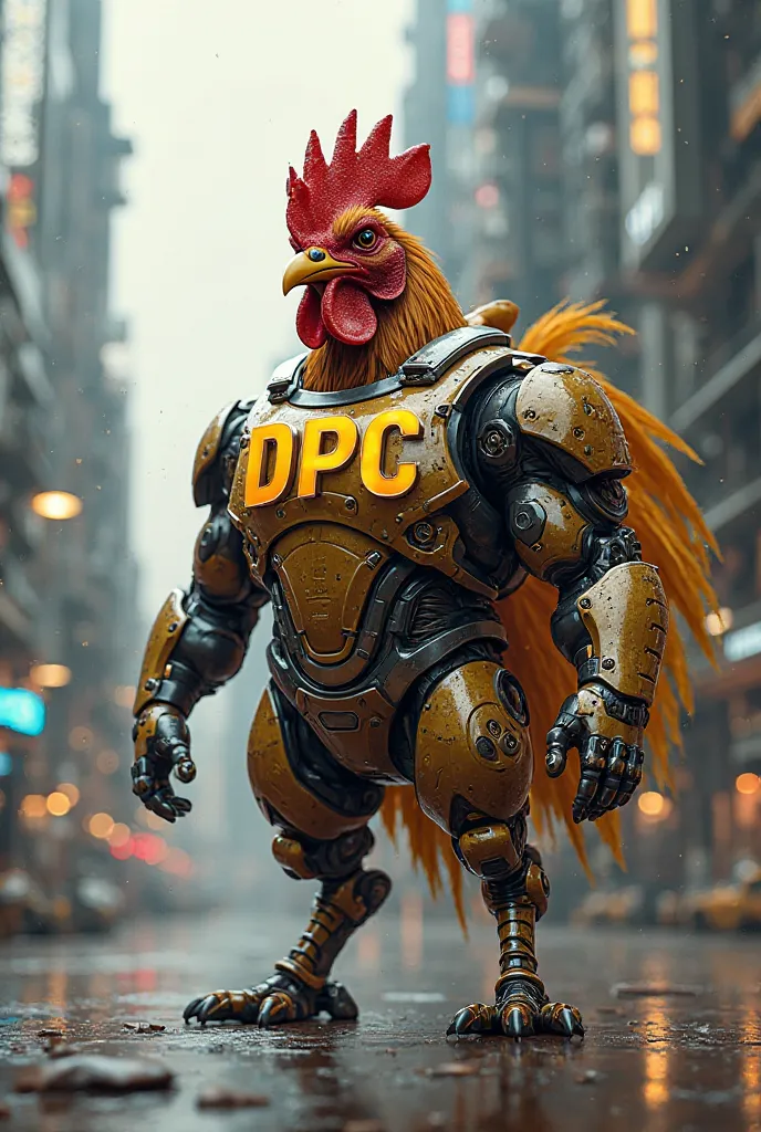 Futuristic military style superhero chicken, with the initials DPC gold metallic in 3D, against a background of a futuristic city and the phrase Distributora de Pollo Cabrera in the lower left corner 