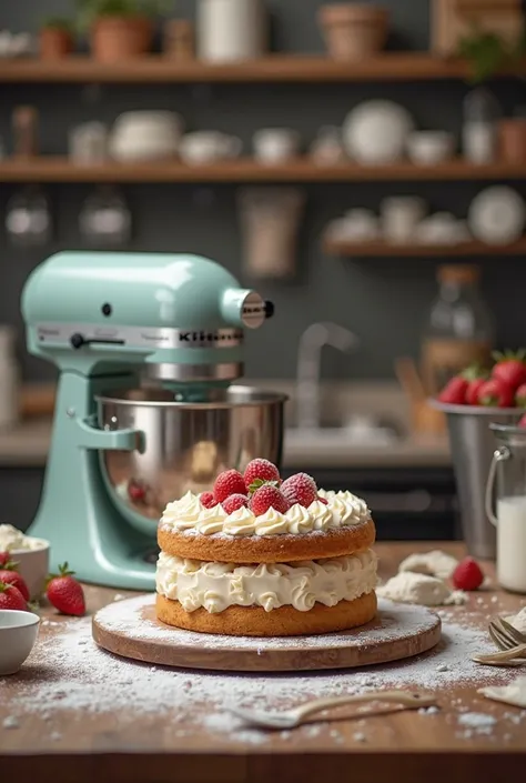 A pastry workshop after finishing making and decorating a cake showing a Kitchenaid mixer and other elements used to make cakes... is for an Instagram reel.