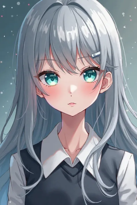  Anime Girl, long steel grey hair and turquoise eyes