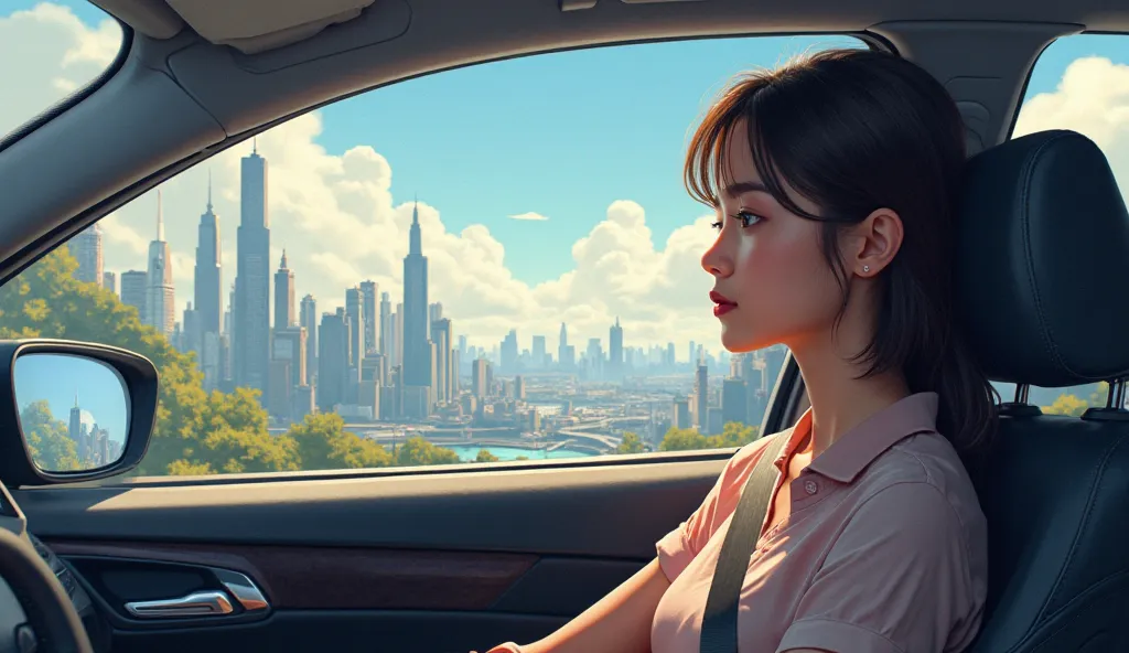 A relaxed person traveling in a comfortable car, with a view of the city out the window.