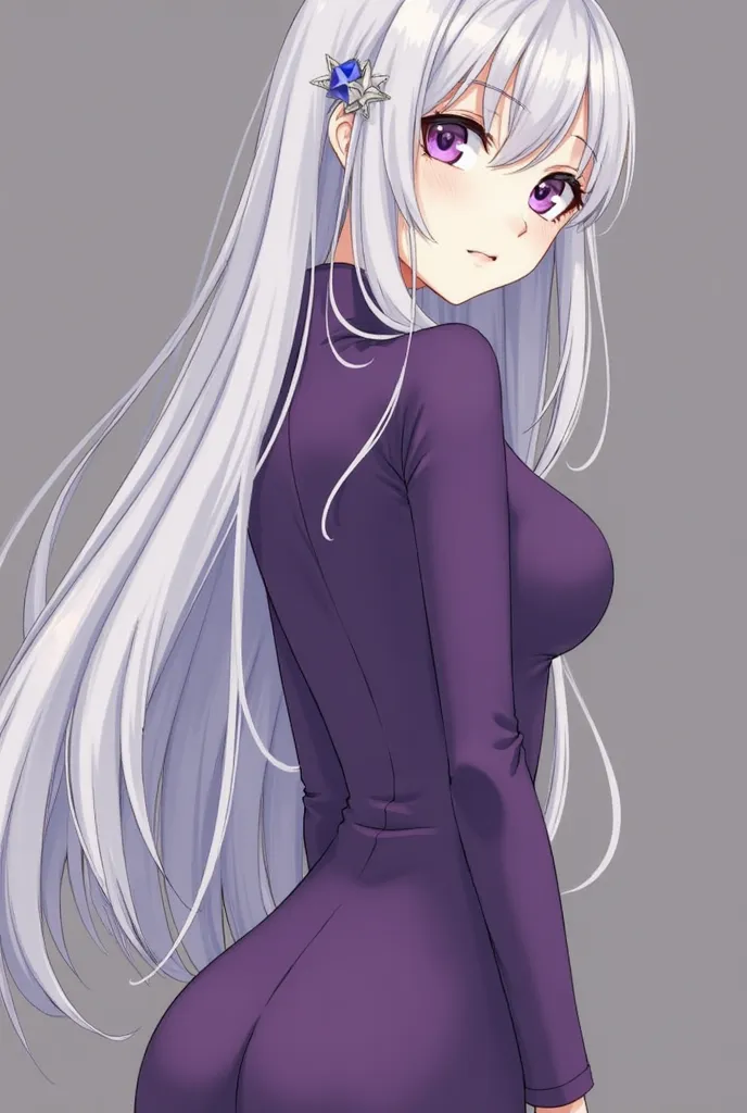 milf, long hair, solo, looking back, 1boy, very long hair, hair ornament, looking at viewer, male focus, silver hair, dress, long sleeves, bright purple eyes, from behind, purple dress,(tall:1.5),(narrow waist:1.2),(model:2.0),glamor,slender,petite,curvy_f...