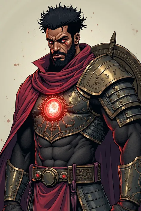 Warlord, demon hunter warrior outfit, shield on the back of the armor, middle-aged black man, serious and severe face, muscular, scar on his face, short layered afro hair, taper hair style , Energy sphere coming out of his iron glove , Manga anime style 