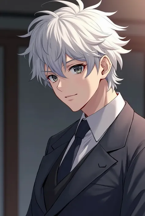 Anime man with white hair brushed back a black lock with black eyes with lenses that can only be seen from the chest to the head that looks a little strong and that the black tuft is facing back who wears a formal suit 