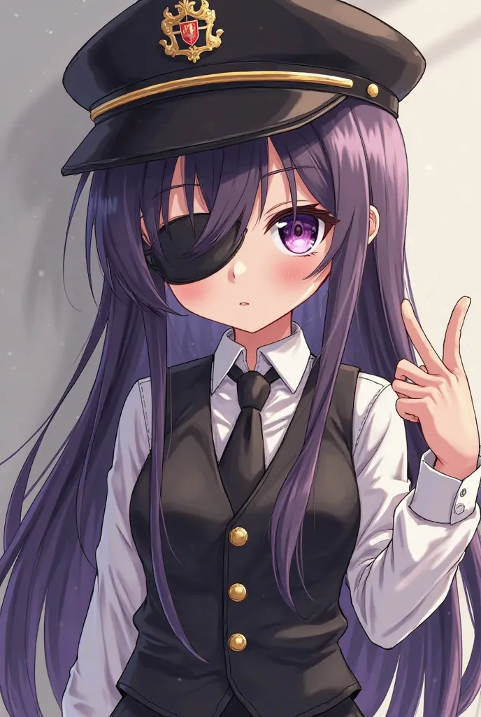  with big eyes right blindfolded,with long brown hair and the other half black,a white shirt and a black vest, black fabric pants and a pilot hat, One eye is blindfolded and the other is not,long purple and black hair 