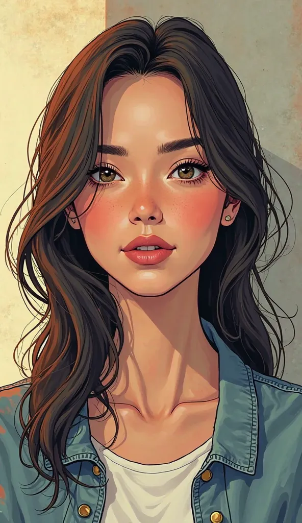 DISCREET image. with discreet casual clothes. image adult woman, american, comic book style. with a neutral face. IMAGES WITH VIBRANT COLORS.focus on face. light colors