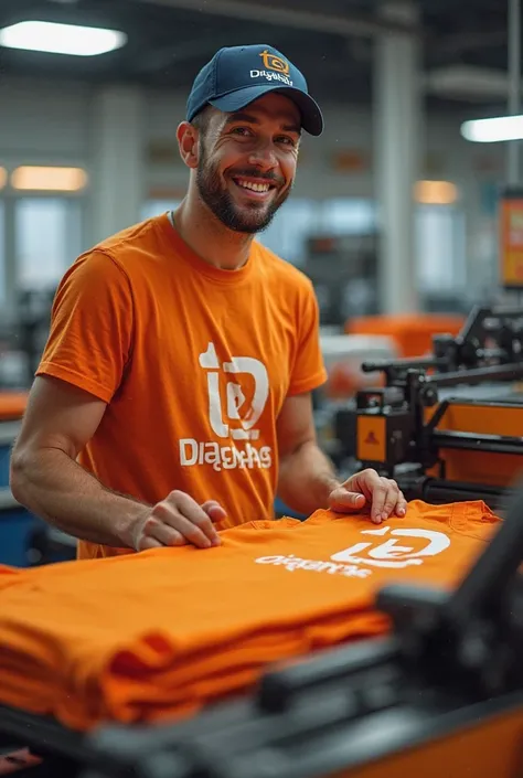 A man is wearing an orange tshirt and blue trouser also head cap labled TEQDIGITALS is printing orange tshirts labled TEQDIGITALS  by using tshirt printing machine