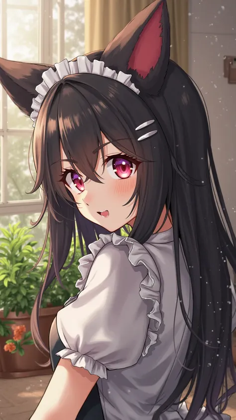   black hair, hair ornaments close to the garden,  red eyes,  hair between eyes, Very  long hair, simple background on infecti,  hair between eyes,  hair bow, hair bow, cowboy in the parlor of the house, teeth, earrings, tooth, tongue, hair clips,  pink ey...