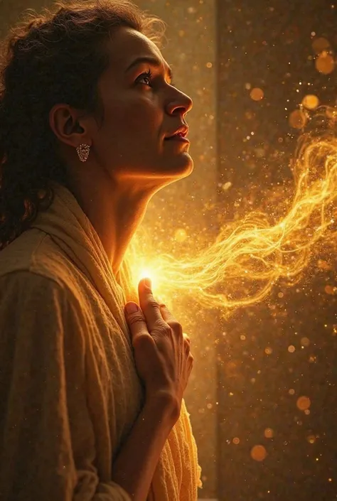 A person touching their throat, looking relieved as a golden energy wave spreads through their body, ultra-detailed, cinematic lighting