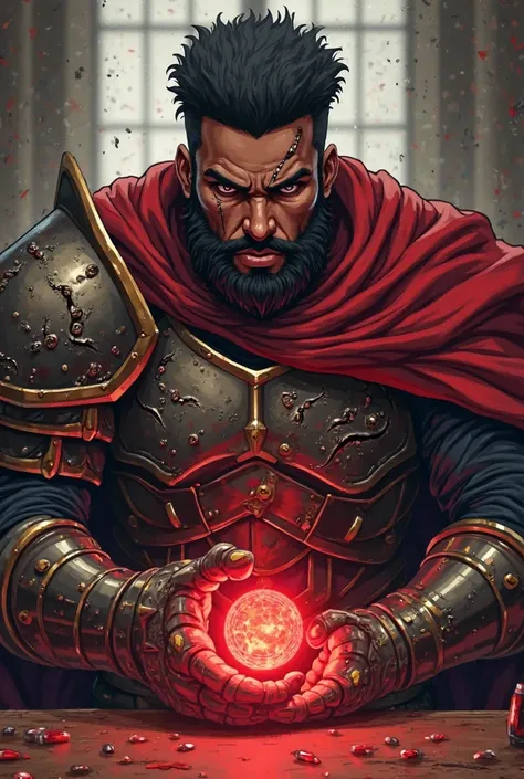 Warlord, demon hunter warrior outfit, Red cape  on the back of the armor, middle-aged black man, serious and severe face, muscular, scar on his face, short layered afro hair, taper hair style , Red energy sphere coming out of his iron glove , Manga anime s...