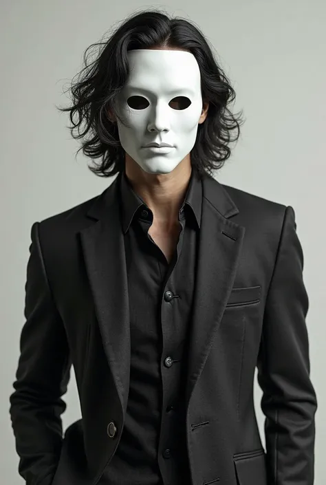  White man,  wavy black hair. Knitted but not so much. Suit with the top of the suit on the shoulder and a white mask covering part of the face