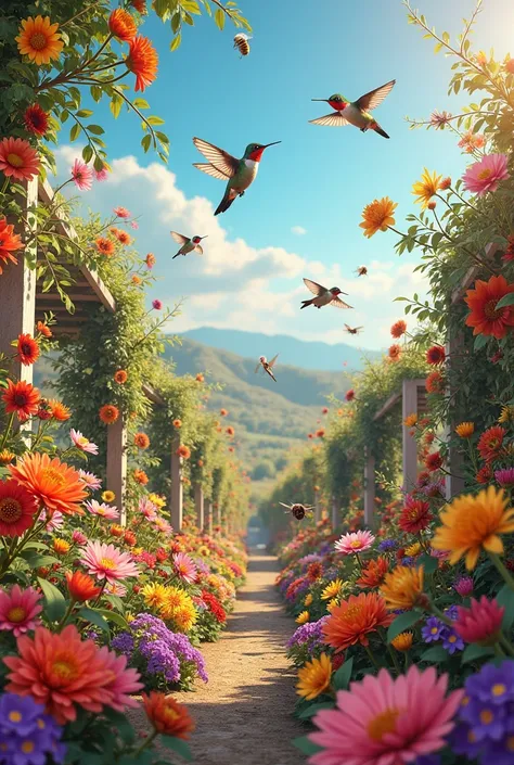 Hummingbirds and bees in a Mexican landscape with lots of flowers