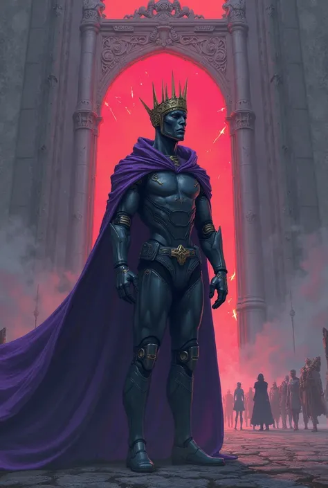 A Humanoid Android man standing on his back with a crown and a purple cape looking at a giant gate in the background with red light coming out through the cracks and subjects behind him looking. Simple and conceptual art like book cover