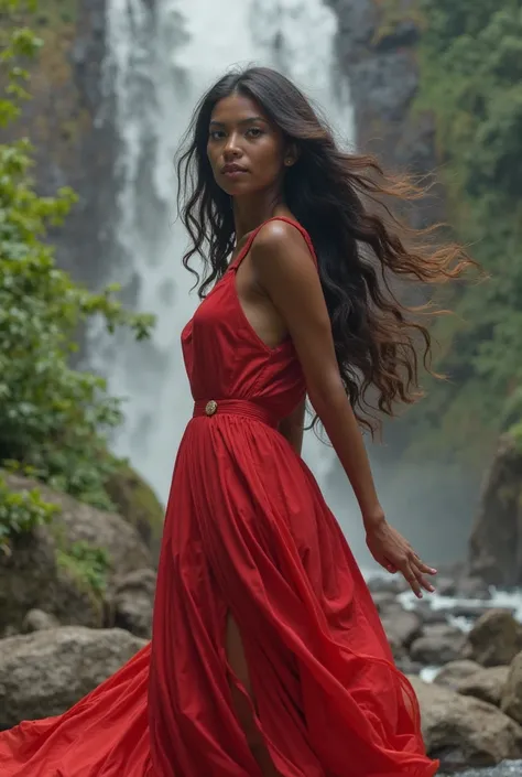  Young Woman, Black and pretty,  with a red dress. Making movements with your arms and making it windy, the very strong wind shaking the trees. Waterfall background with rainbow, Green forest in the background swaying with the winds. 