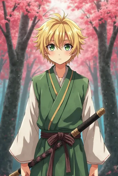 I want you to play a blond boy with green eyes, wearing green and white samurai clothes and that she is with all the girls from the Demon Slayer anime, The background will be a forest with pink leaf trees. 