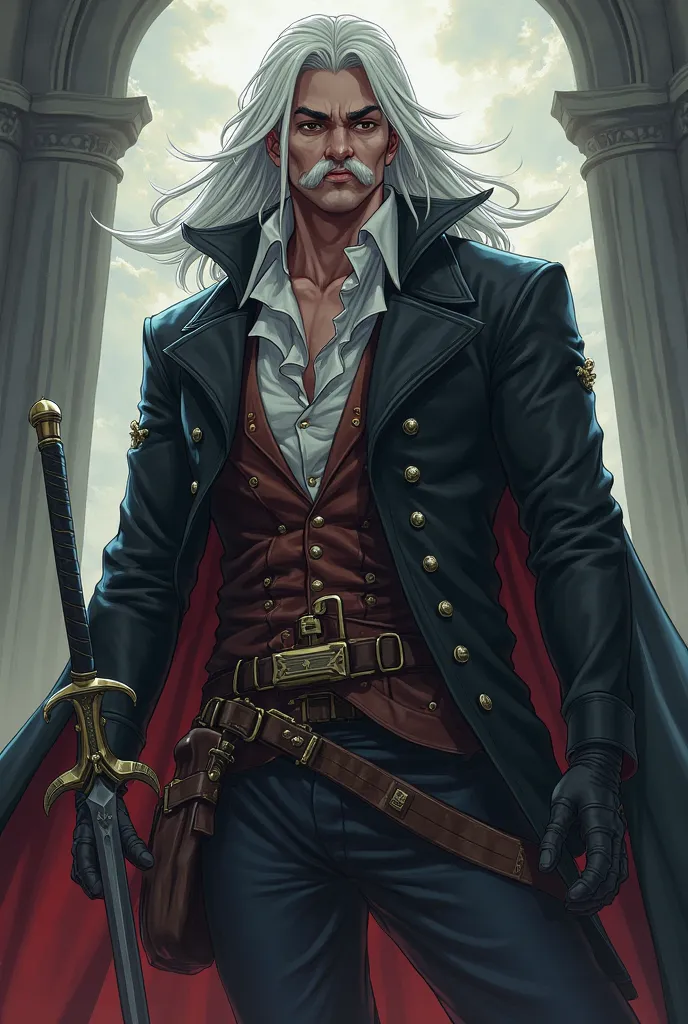 White man, long hair, musketeer weapon like d'Artagnan, d'Artagnan's mustache and goatee, musketeer outfit, evil aura, manga anime style, serious evil look 