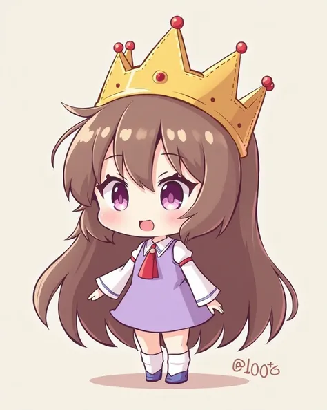   2D art in the chibi style , king, Long brown hair, wearing a lilac dress,  simple background , vibrant colors, minimum, fun,  very detailed, 4K, sharp focus,  digital painting , figure, anime,  manga, High Image Quality,  creates her in several scenes , ...