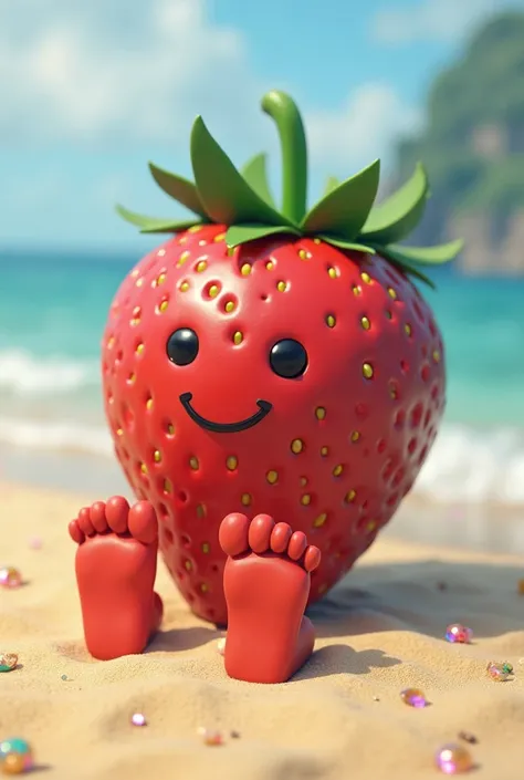 Strawberry on a beach with the man face of roblox and with humen feets