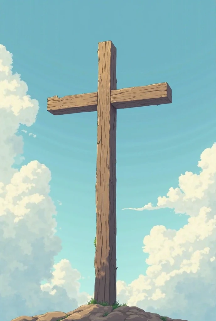 A wooden cross with the sky in the background with soft clouds, 90s anime art style