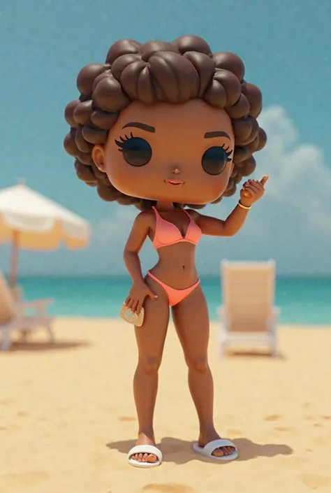 Create a Funko Pop of a light-brown skinned woman, feminine well, with curly short brown hair, wearing a light coral swimsuit and white slippers. She must be stylish and cool. Funko must be applying bronzer to her arm. She's standing on the sand at Copacab...