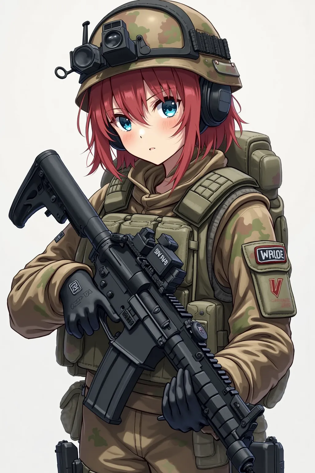 

anime wife for a long time, reddish brown hair on the face..  his eyes are deep , penetrating blue.,  sturdy design as a symbol of courage and honor . his skin is pale, porcelain skin color that contrasts with tactical gear.

he's wearing multicam clothe...