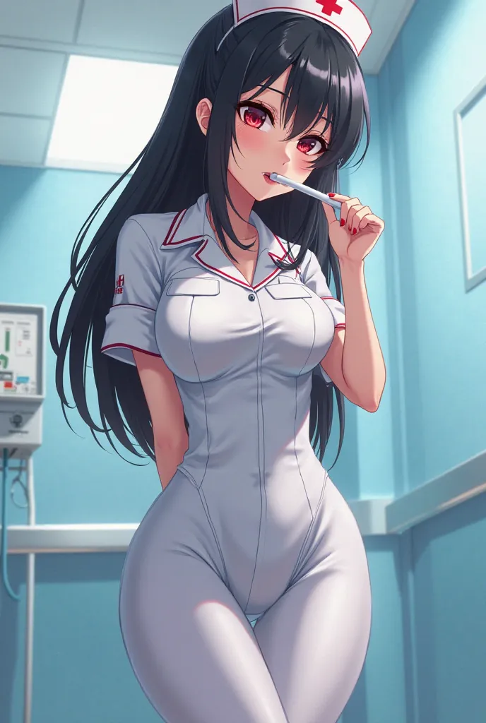 Anime girl wearing tight nurse outfit, long black hair, red eyes and putting her hands behind her back She puts a Breastfeeding  in her mouth. 