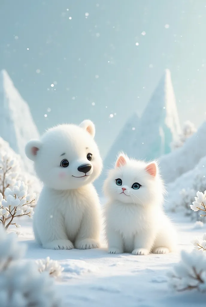 A small polar bear and a white cat