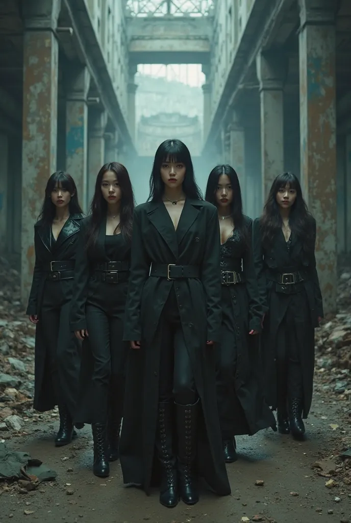 kpop girl group with dark concept, black outfits in the middle of abandoned building