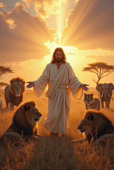 A highly detailed and realistic image of Jesus Christ in the center of a vast savanna at dusk,  shrouded in a golden light . Around you, various wild and ferocious animals — lions, Tigers, lion , elephants and wolves — show reverence and respect, lowering ...