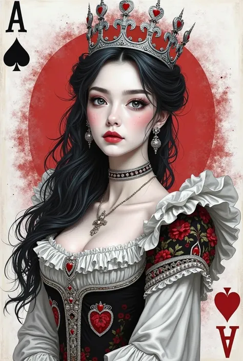 Drawing 4K, of a white-skinned woman with black hair and a silver crown with the squares of poker ace cards, a queen dress from the Victorian era, with the background of an ace poker card in the colors white red and black