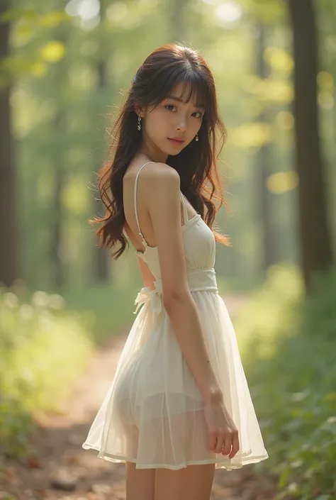  photorealistic，Ultra HD， starry eyes ，the best quality，8K， RAW photos， buttocks，ultra high resolution，( incredibly cute real Japanese girl)， Whole body，1 person ， looking forward，Early morning in the forest ，Bright sunlight comes in， illuminate from the b...