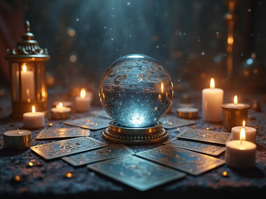 Generate a crystal ball image with candles and tarot cards
