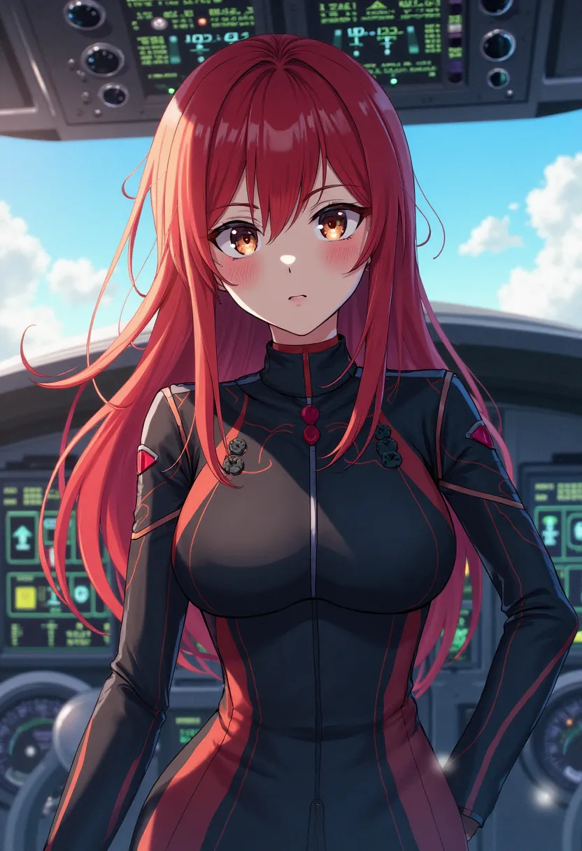  Woman with long red hair ,  brown eyes , pilot clothing black color red, inside a plane, anime style 