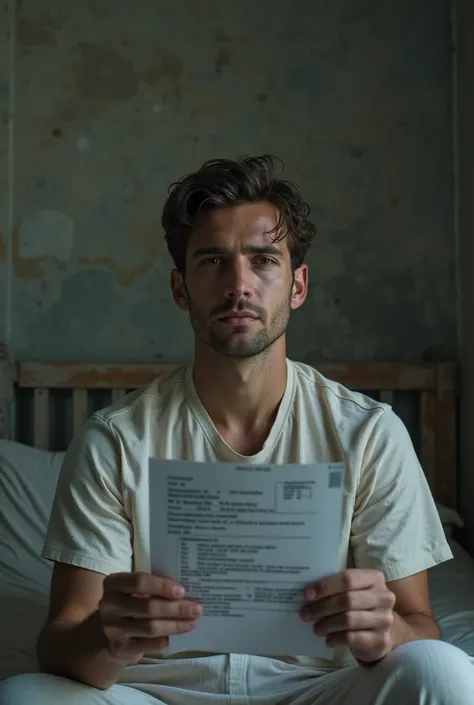 Lucas, a 32-year-old man with athletic build, medium-toned skin, dark brown short hair and brown eyes, sitting on a hard, uncomfortable prison bed, holding a piece of paper with his case details, looking determined yet hopeless. Realistic photo.
