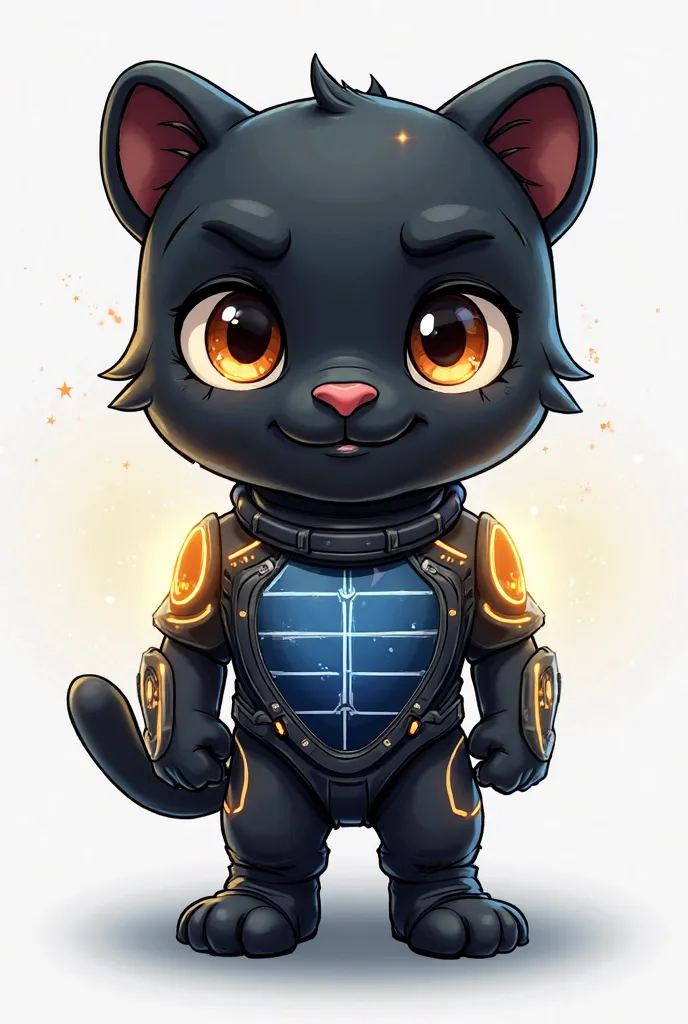 A black panther designed as a friendly and approachable cartoon character, exuding warmth and familiarity. It has large, expressive eyes that balance fierceness and kindness, giving it a powerful yet endearing look. The panther wears a sleek, futuristic su...