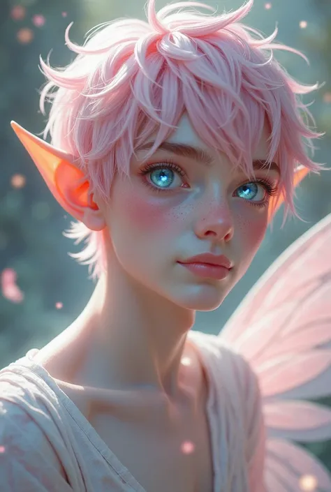 Fairy male prince with short spikey light pink hair, pointed ears and glowing light blue eyes. Pale white skin