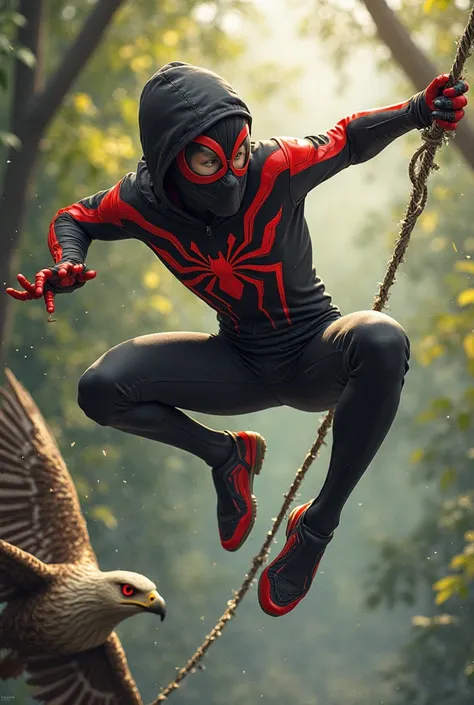 A brave and agile Spiderboy named Zain, who has spider-like abilities. He wears a sleek black and red suit, swings through the trees using strong webs, and always helps those in need.He swiftly swung down using his web like a rope reached close to the eagl...