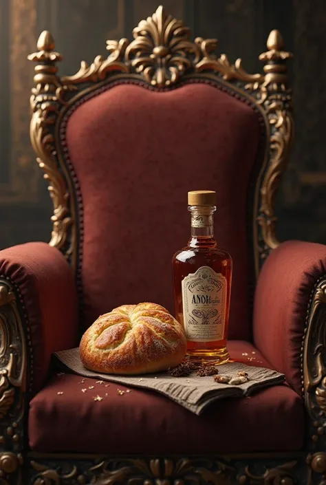 A sweet bread and a bottle of anise on an elegant throne