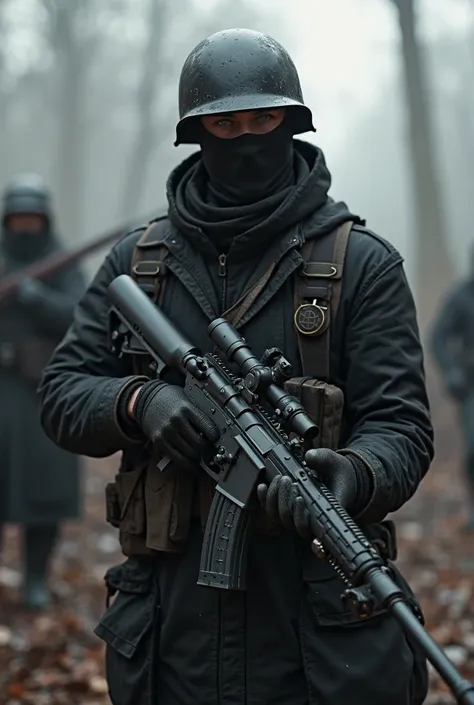 World War I shooter, in a black uniform with a black helmet and gloves, holds a black sniper rifle with a bayonet