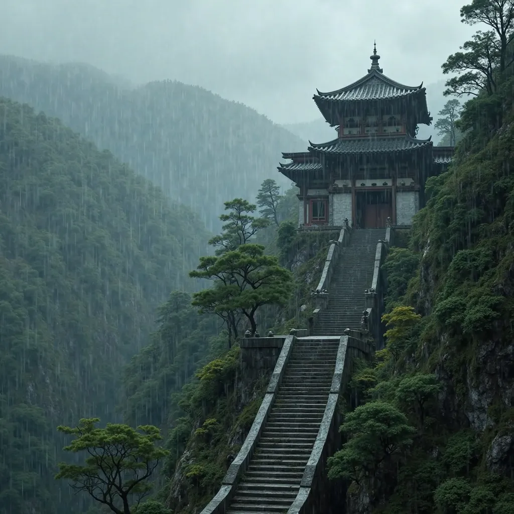 an ancient gloomy Japanese temple in the mountains with a forest when it rains, the temple should be on the right of the center and a staircase must go to it. The temple must be farther and very large