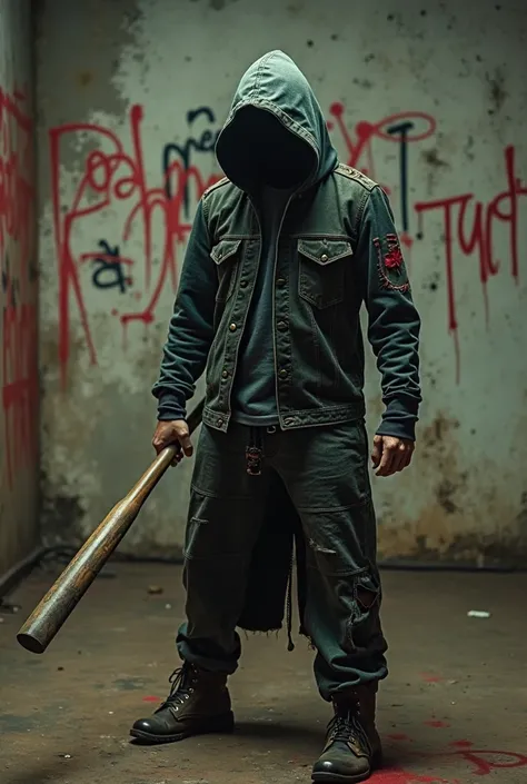 there is a man standing in a room holding a baseball bat, a picture by Lambert Doomer, instagram, graffiti, a hooded killer a cane, holding a baseball bat!!, very very low quality picture, posing with a sword, posing ready for a fight, indoor shot, with la...