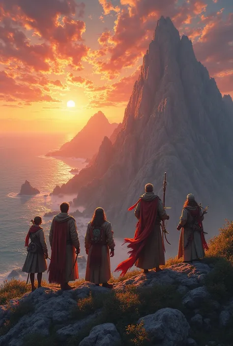 I want you to create an image of 5 adventurers 
A magician 
A horseman 
An archer 
A necromancer 
A clergyman
From the coast looking at a sunset on top of a mountain 