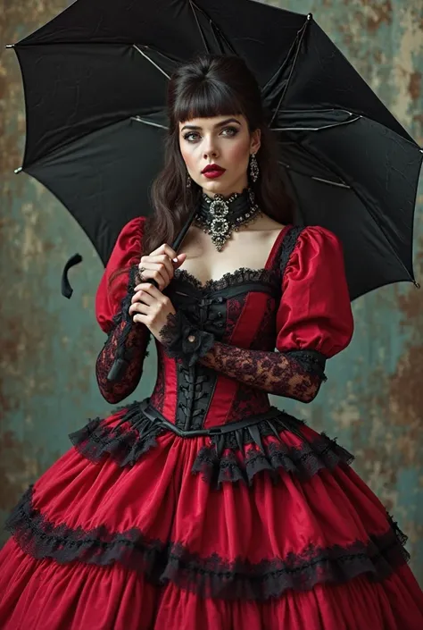 gothic style dress and lolita. It is composed of the colors red and black, with lace details and ruffles . The corset is tight and has a black ribbon in the neckline. The sleeves are puffed and the skirt is bulky, multi-layered . The person who wears it al...