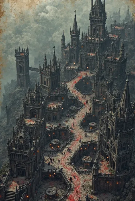 A highly detailed top-down map of a gothic city in the style of Bloodborne, featuring an intricate medieval layout with narrow, winding cobblestone streets, multi-level architecture on terraced hills, connected by stairs, bridges, and elevated platforms, r...