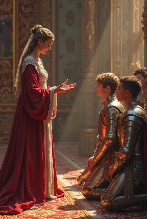 The queen blessing three new knights , they are kneeling in front of her