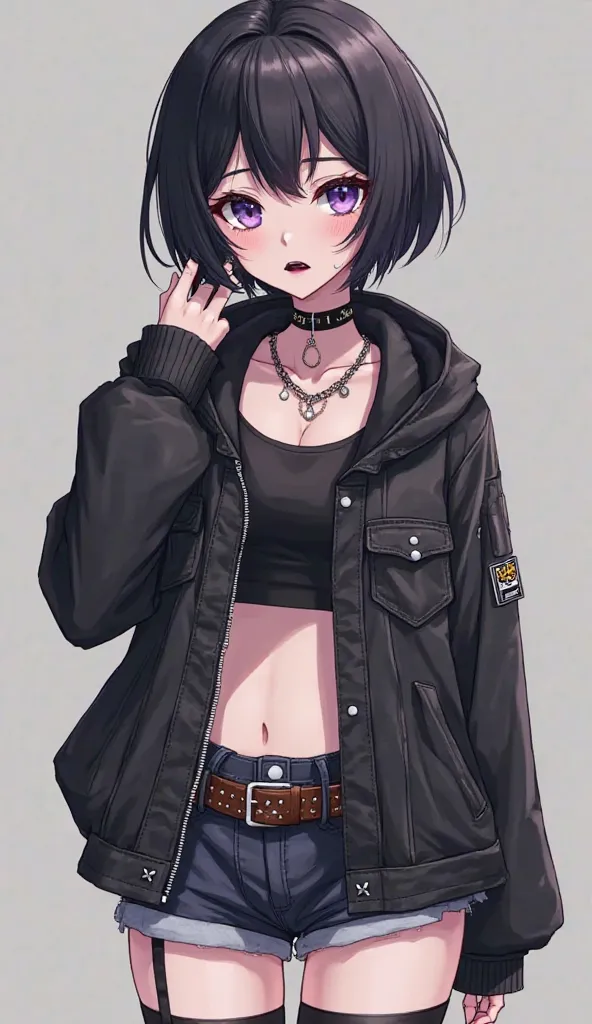 1 girl [appearance= " short black HAIR", " dark purple eyes", "piercings", " black lipstick jewelry", " pale skin", "height: 185 cm"] [Clothes= " choker ", " jacket", "top", "shorts", " studded belt ", " grid averages", "boots"] ( full body plane) 4K anime...